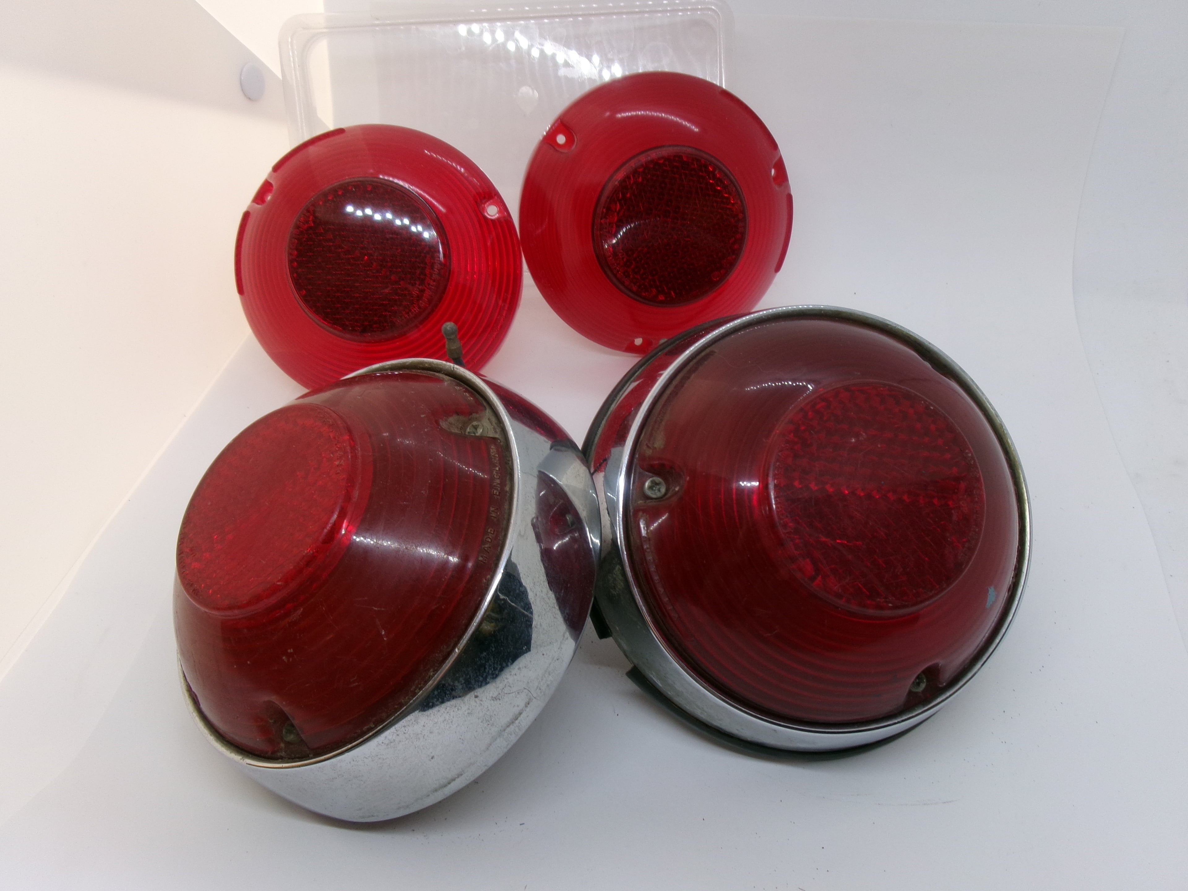 Used Lucas PAIR Stop Tail Light Assemblies L618 for Morris Major with spare lenses