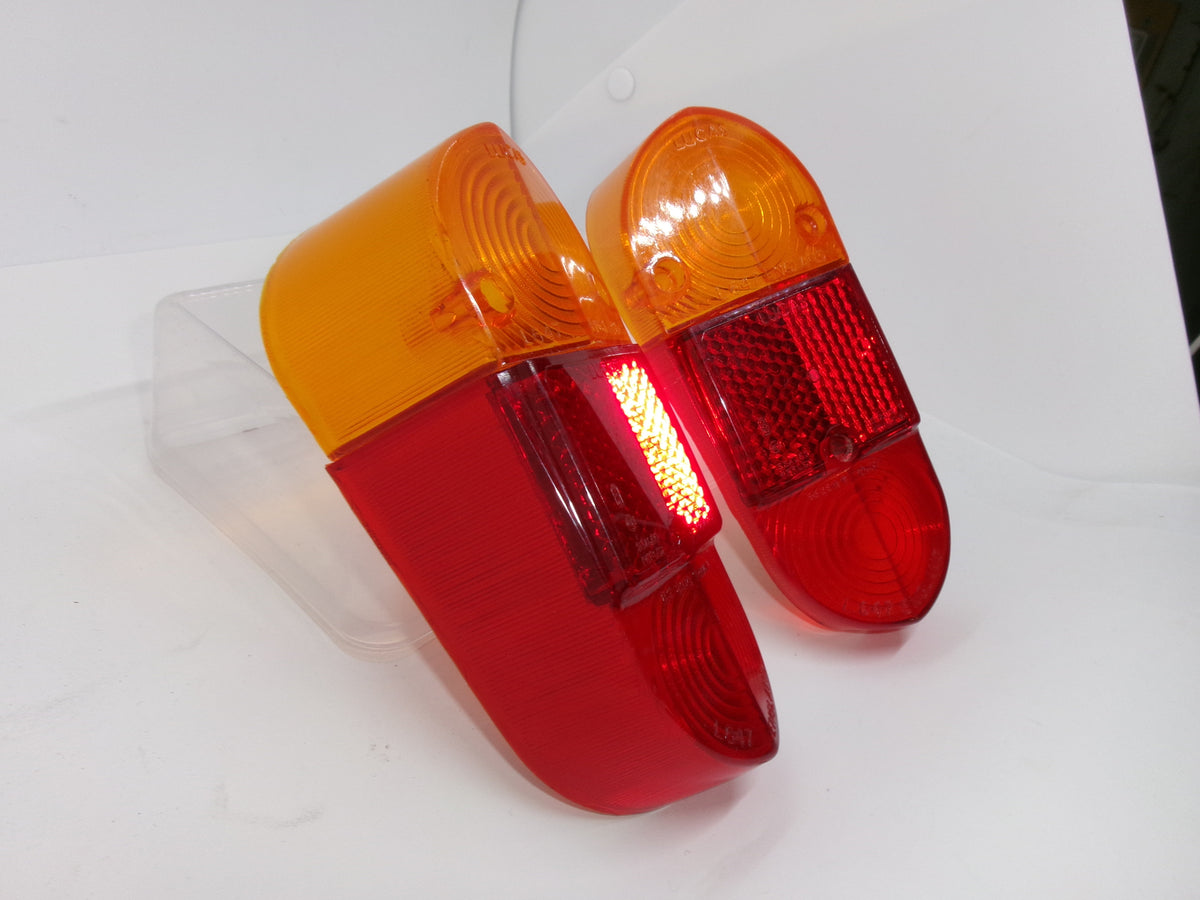 NOS Lucas PAIR Rear Tail lights L672 Amber/Red Mini MK 1 MGA Mk II - Bluemoon Classic Parts