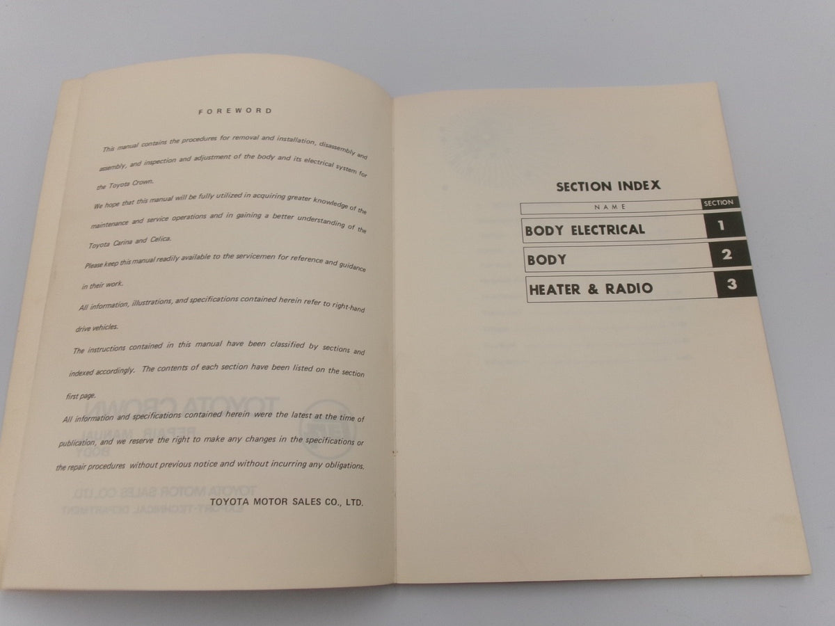 OEM Genuine 1973-75 Toyota Crown SE 2600 MS65 BODY & ELECTRICAL Repair Manual - Bluemoon Classic Parts
