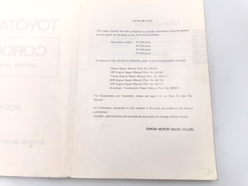 OEM Genuine 1978 on Toyota Corona RT130 RT132 RT134 TT132 Body Repair Manual - Bluemoon Classic Parts