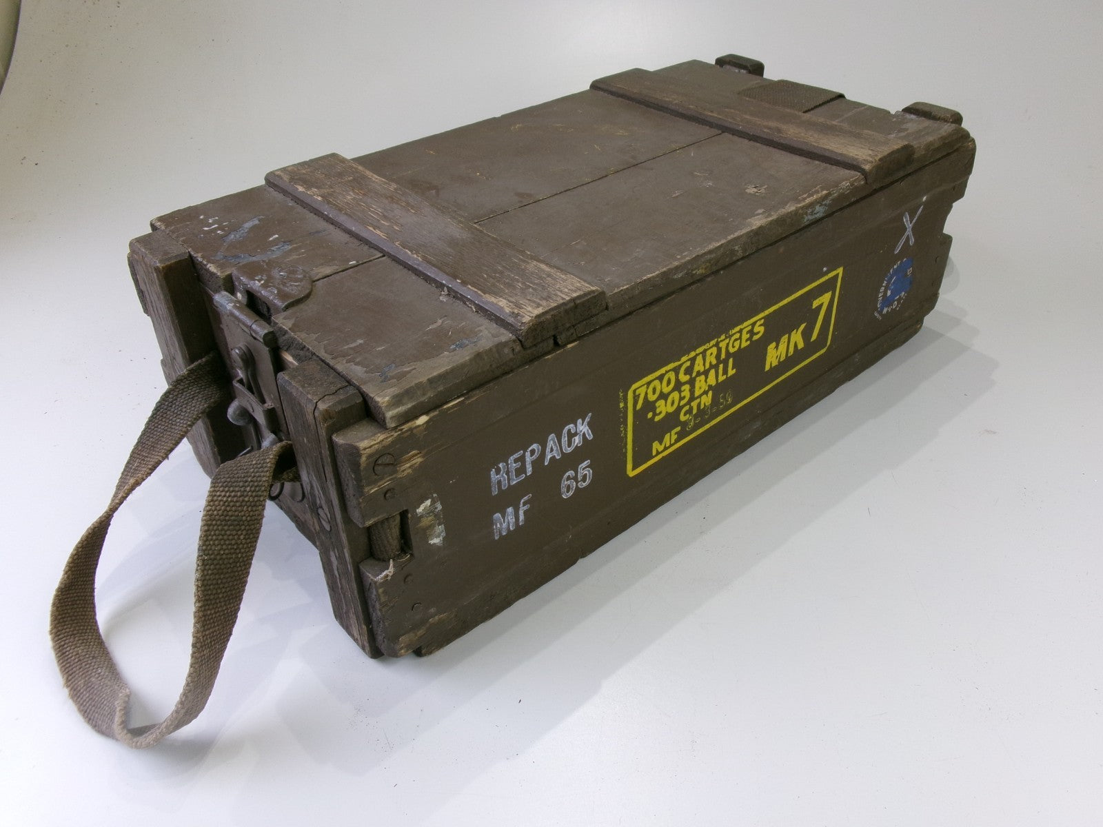 1959 Vietnam Mk 7 Brown Wooden Ammo Box 6.5" x 9.5" x 20" w/ original straps - Bluemoon Classic Parts
