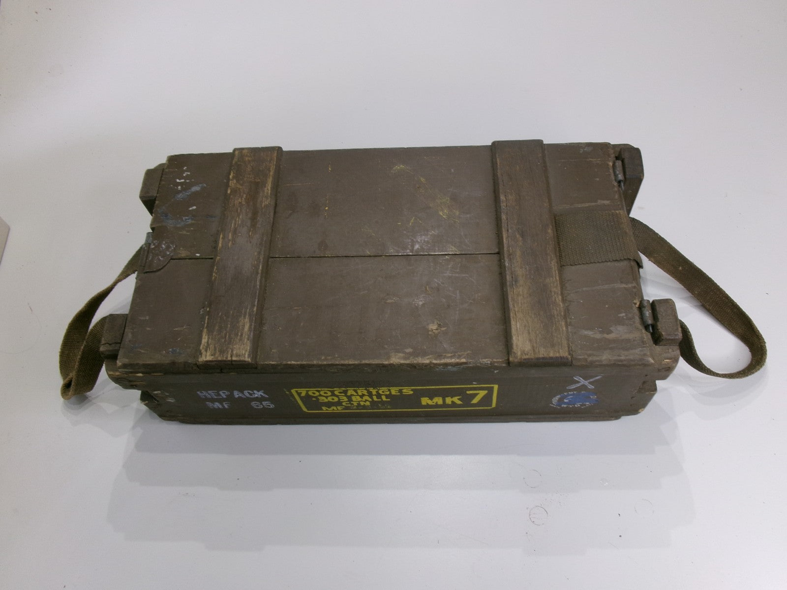 1959 Vietnam Mk 7 Brown Wooden Ammo Box 6.5" x 9.5" x 20" w/ original straps - Bluemoon Classic Parts