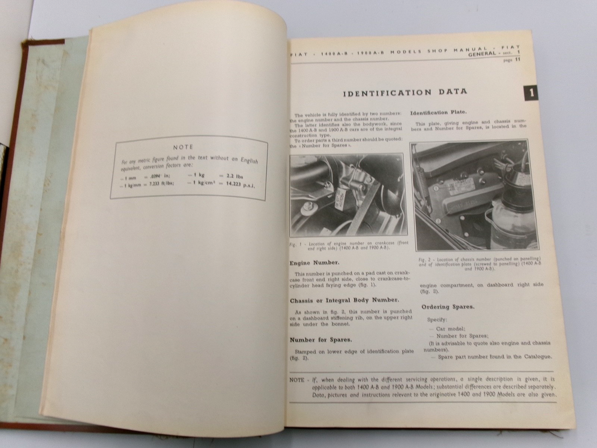 OEM Genuine 1950-1959 Fiat 1400 A-B and 1900 A-B Sedan Workshop Manual 300 pages - Bluemoon Classic Parts