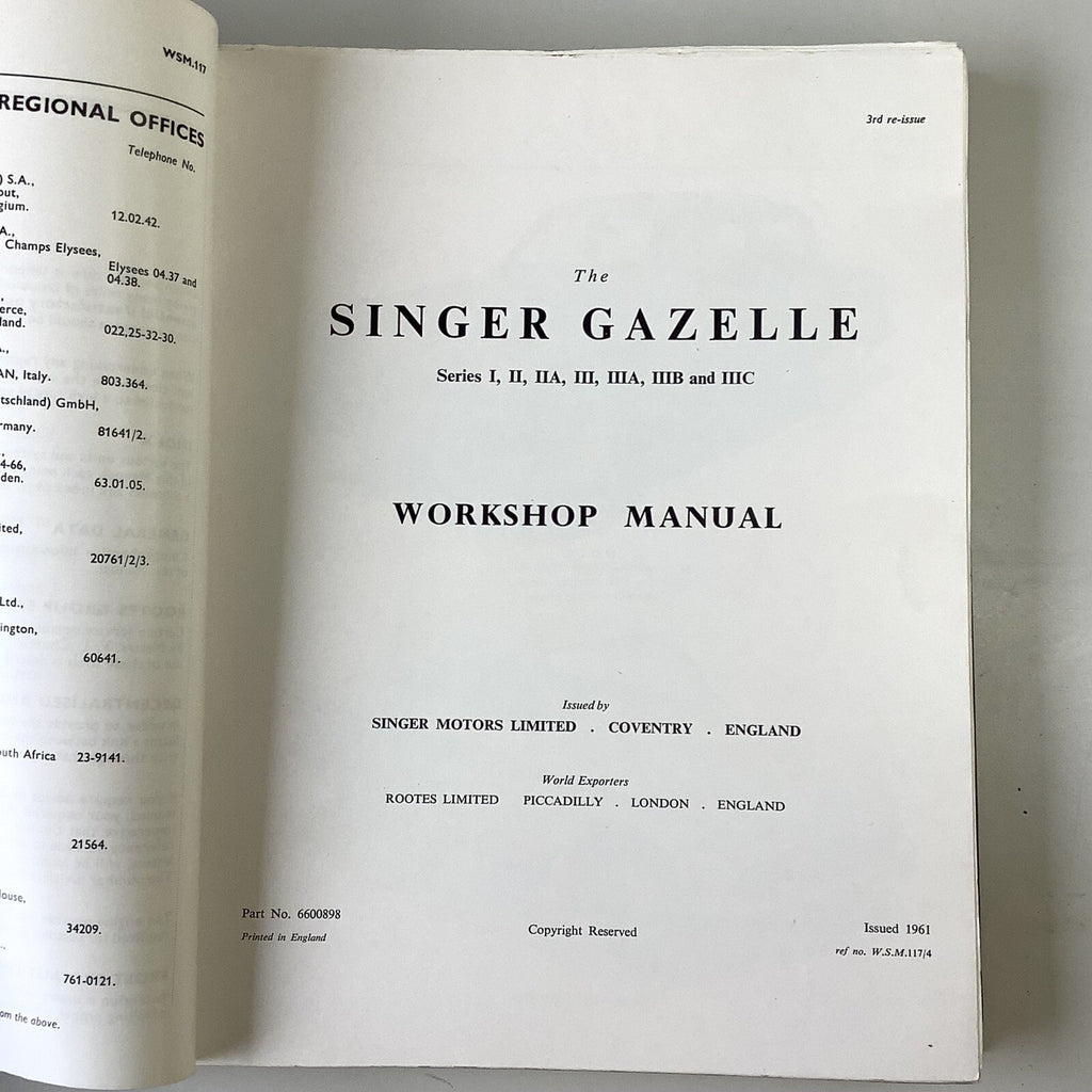 OEM Singer Gazelle Series I-IIIC Workshop Manual & Bodywork Supplement, VGC - Bluemoon Classic Parts