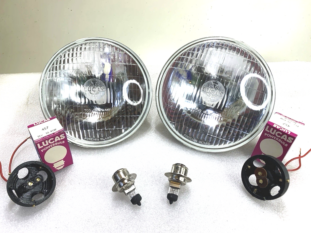 NOS PAIR Lucas 7” Head Lights & 2 Halogen Bulbs for RH Drive Vehicles Universal - Bluemoon Classic Parts