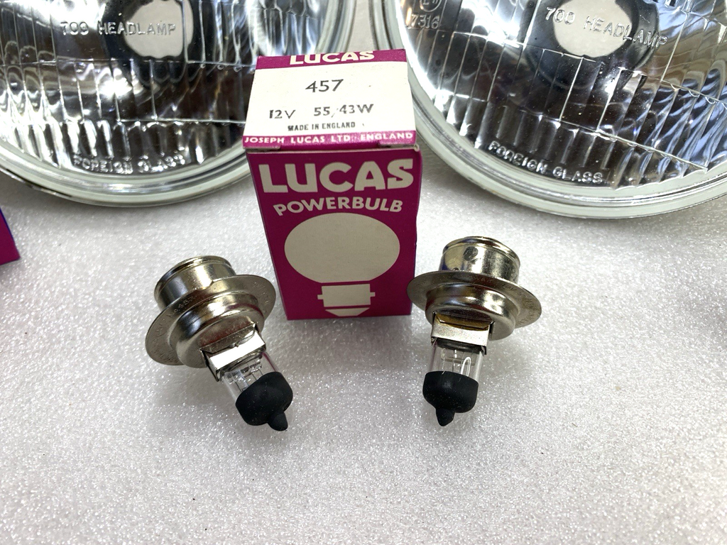 NOS PAIR Lucas 7” Head Lights & 2 Halogen Bulbs for RH Drive Vehicles Universal - Bluemoon Classic Parts