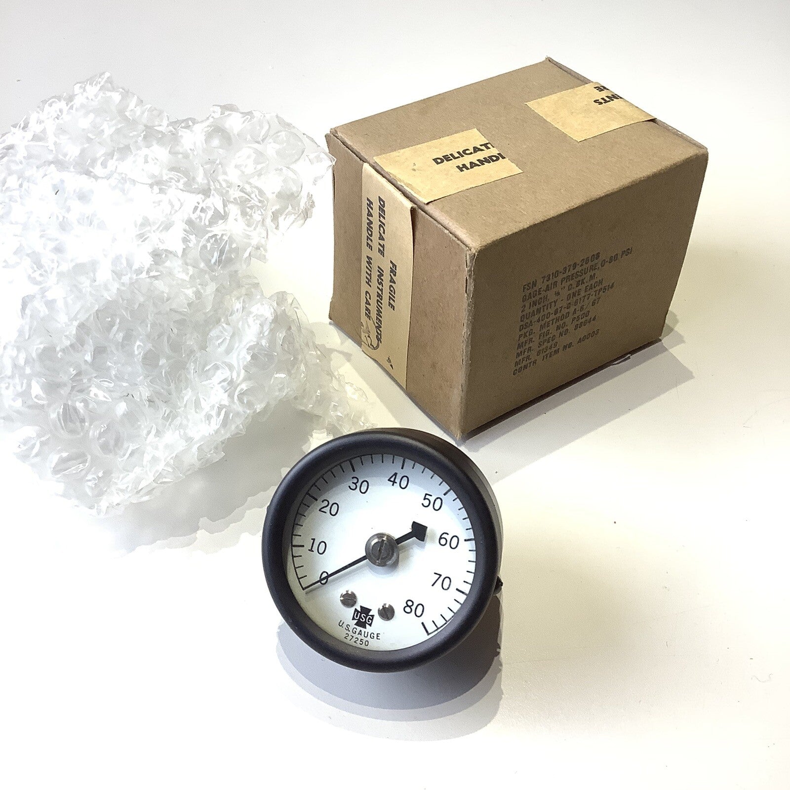 NOS ‘USG’ Vintage 80lb psi Air Pressure 2” Gauge Part no 27250 Sealed Made in US - Bluemoon Classic Parts